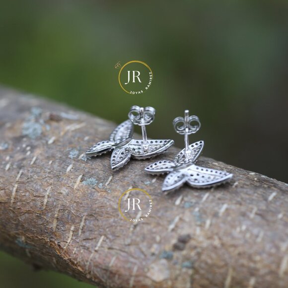 Sterling Silver Butterfly Earrings • Emerald & Clear CZ • Luxe Wing Design. - Picture 6 of 7